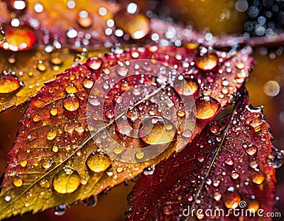 Close-up of sparkling raindrops on vivid autumn leaves with a macro perspective Stock Photo