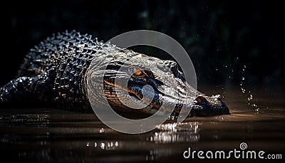 Close up of Spectacled Caiman Aggressive Teeth in Wetland generated by AI Stock Photo