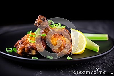 Close-up of a spicy fried chicken drumstick with green onions and lemon wedges on a black plate Stock Photo