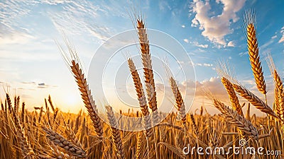 Close-up of the spikelets Spikes of wheat against the blue sky at sunset, generated AI Stock Photo