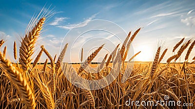 Close-up of the spikelets Spikes of wheat against the blue sky at sunset, generated AI Stock Photo