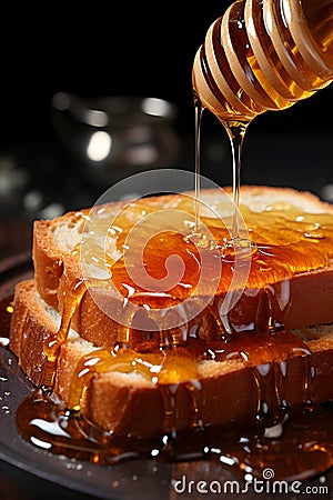 A close-up spoon with honey drizzling onto a slice of whole-grain toast Stock Photo