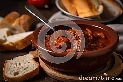 Close-up of a spoonful of traditional goulash with tender beef and paprika, served in a rustic ceramic bowl with a slice of fresh Stock Photo