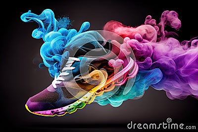 close-up of sport shoes with magical colourful smoke floating around the sneaker Stock Photo