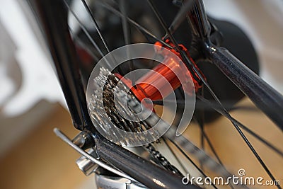 Racing bicycle red rear axle with racing cassette gears Stock Photo