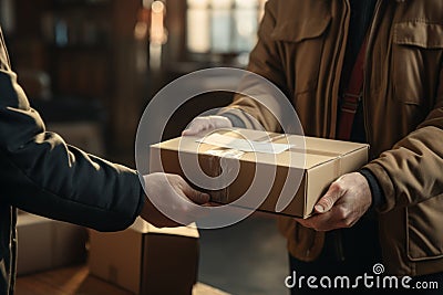 Close-up of a square cardboard box in the hands of a courier against the background of a warehouse with boxes .Eco Stock Photo