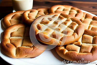 Close up of a stack of bread rolls on a white plate. generative ai Stock Photo