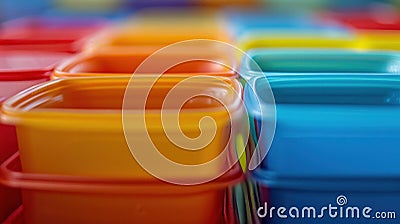 A close up of a stack of colorful plastic containers, AI Stock Photo