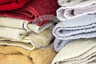 Close-up of a stack of colorful towels. Stock Photo