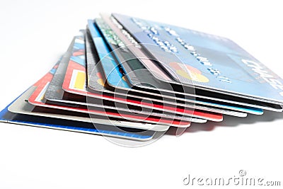 Close up of stack of credit cards on white background,illustrative editorial Editorial Stock Photo