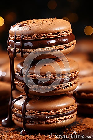 Close-up of a Stack of Delicious Chocolate Macaroons on a Dark Background Stock Photo