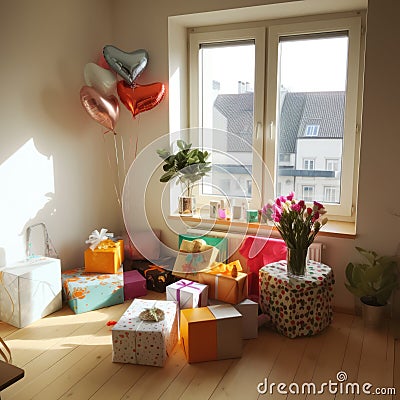 Close up of stack of gifts with ribbon and balloons, created using generative ai technology Stock Photo