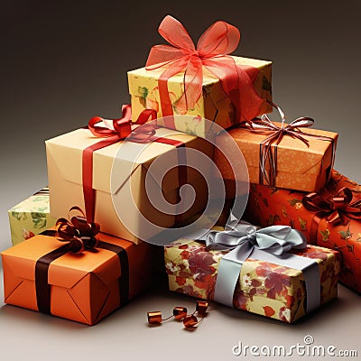 Close up of stack of gifts with ribbon, created using generative ai technology Stock Photo