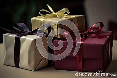 Close up of stack of gifts with ribbon, created using generative ai technology Stock Photo