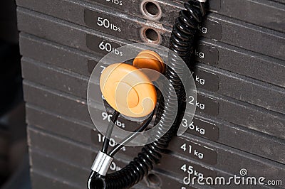 Close-up of stack metal weights in gym equipment Stock Photo