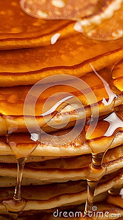 Close up stack of rich pancakes, honey or maple syrup cascades down, creating a enticing sight Stock Photo