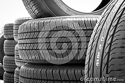 Close up of stack used car tires. Stock Photo