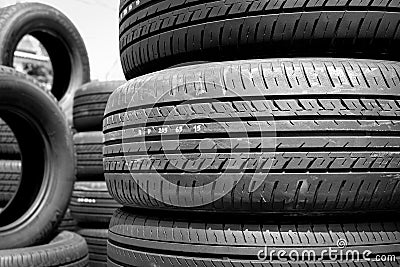 Close up of stack used car tires. Stock Photo