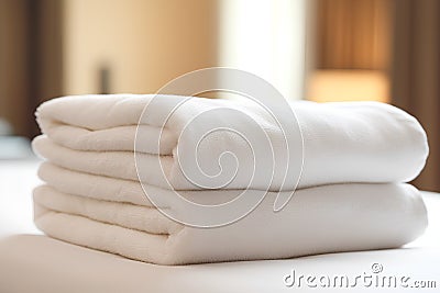 close up of a stack of white towels in a hotel room. Stock Photo