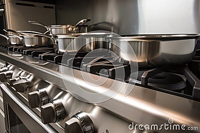 close-up of stainless steel range, with pots and pans in view Stock Photo