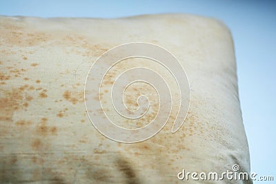 Close up Stains on dirty pillow are a source of germs and dust mites and mattresses Stock Photo