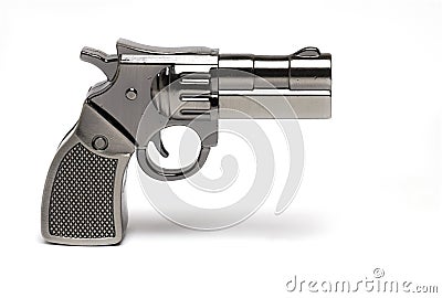 Closeup toy gun revolver shadow white background Stock Photo