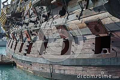 Close Up of the Starboard Side of an Ancient Pirate Galeon with Editorial Stock Photo