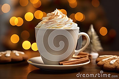 A close-up of a steaming gingerbread latte in a festive holiday mug, highlighting warm and comforting beverages. Generative Ai Stock Photo