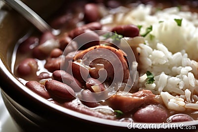 Close-up of steaming hot red beans and rice with smoked ham hock and a sprinkle of Cajun seasoning Stock Photo