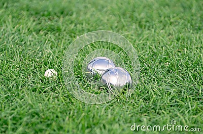 Close up of steel or metal boule balls on the green lawn Stock Photo