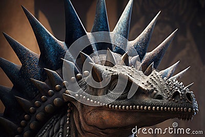 close-up of stegosaurus& x27;s distinctive head, with its bony plates and teeth visible Stock Photo