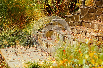 Close-up steps of stairs up from antique stone in autumn season. The symbol of upsurge and success. Recreation. Parks. Autumn Stock Photo