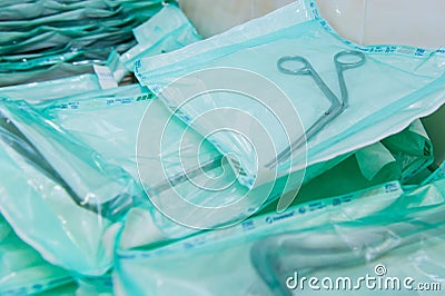 Close up sterilized packaged surgical instruments. Selective focus Stock Photo