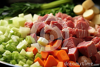 close-up of stew ingredients: chopped vegetables and meat Stock Photo