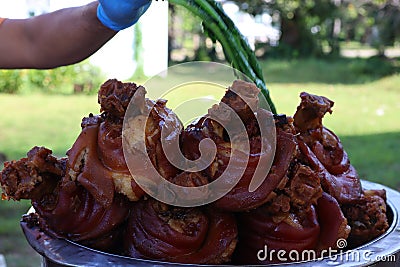 Close up stewed pork knuckle, stewed stew, a popular food of Thailand. Stock Photo