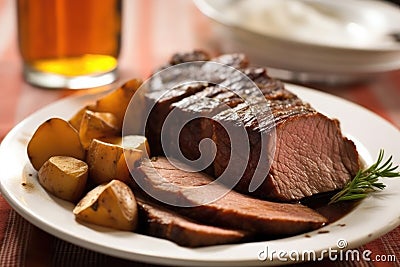 close-up of stout and slices of beef brisket on a white plate Stock Photo