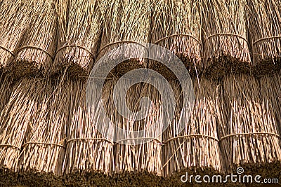 Close up straw background. Texture of thatch roof Stock Photo