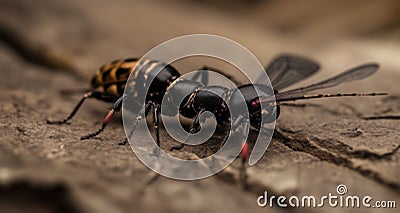 Close-up of a striking bee with a black and yellow body, red antennae, and a black head Stock Photo