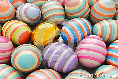 Close-Up of striped and golden easter eggs. Illustration for holiday. 3d render Stock Photo