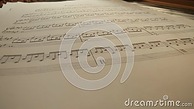 Close up studio shot of classical piano. Shot inside the piano with composition paper sheets with musical notes laying Stock Photo