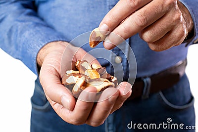 Close Up Studio Shot Of Mature Man Eating Brazil Nuts Stock Photo