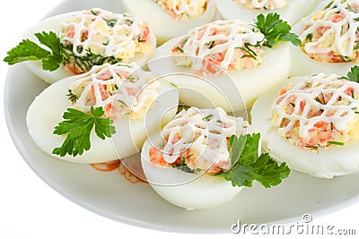 Close-up stuffed eggs with red fish Stock Photo