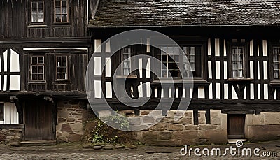 Close up of stunningly preserved old medieval architecture windows and picturesque homes Stock Photo