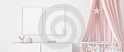 Close up for stylish Scandinavian kid room with mock up frame, panoramic view Stock Photo