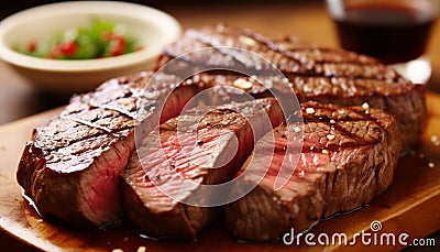 Close up of succulent, juicy ribeye steak slices irresistible tenderness and flavor Stock Photo