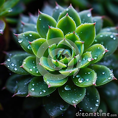 A close up of a succulent plant with water droplets, AI Stock Photo