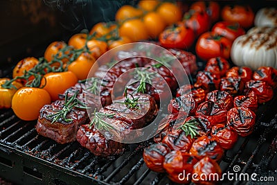 Close-up of succulent smoky meats and colorful grilled vegetables on a grill.. AI generated. Stock Photo
