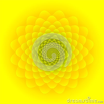 Close-up Sunflower inflorescence in orange and green colors. Abstract floral pattern design on bright yellow background Stock Photo