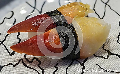 Close up sushi fresh hokkigai. Japanese food for healthy. hokkigai sushi. Stock Photo