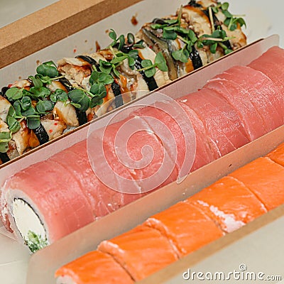 Close-Up of Sushi Plate With Assorted Rolls and Nigiri Stock Photo